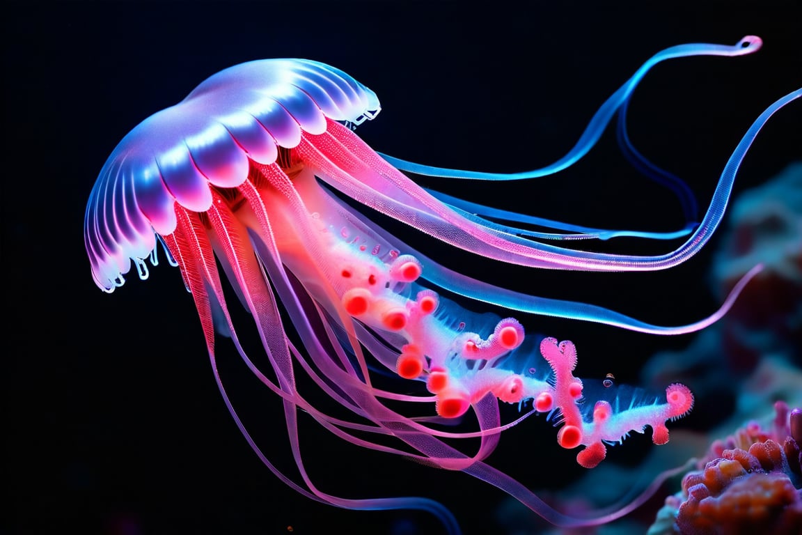 photo RAW, (Black and pink : a ghostly jellyfish, shiny aura, highly detailed, gold filigree, intricate motifs, glowing stardust, perfect composition, smooth, sharp focus, sparkling particles, lively coral reef background Realistic, realism, hd, 35mm photograph, 8k), masterpiece, award winning photography, natural light, perfect composition, high detail, hyper realistic,vivid color
