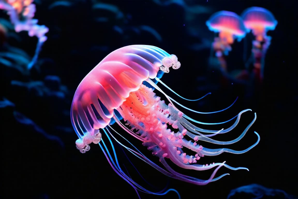 photo RAW, (Black and pink : a ghostly jellyfish, shiny aura, highly detailed, gold filigree, intricate motifs, glowing stardust, perfect composition, smooth, sharp focus, sparkling particles, lively coral reef background Realistic, realism, hd, 35mm photograph, 8k), masterpiece, award winning photography, natural light, perfect composition, high detail, hyper realistic,vivid color
