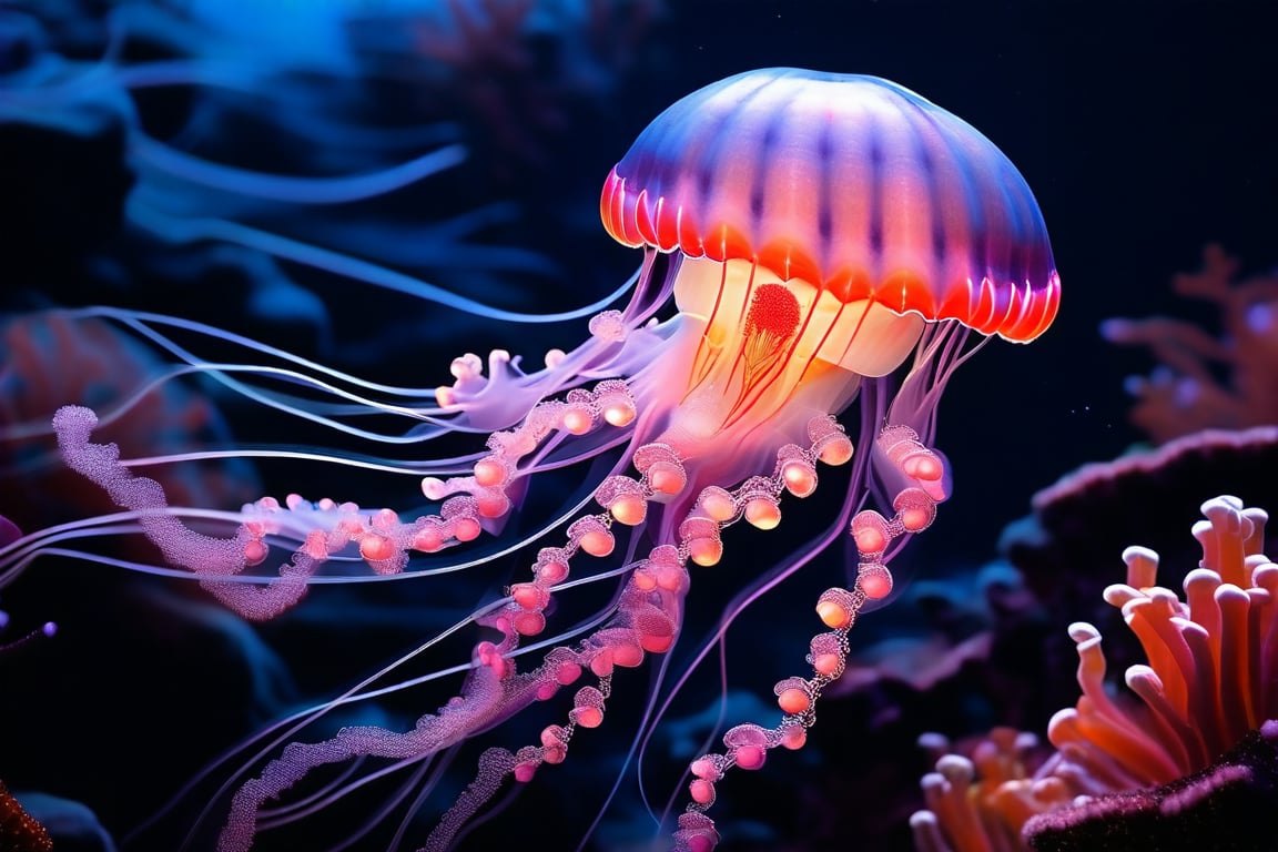 photo RAW, (Black and pink : a ghostly jellyfish, shiny aura, highly detailed, gold filigree, intricate motifs, glowing stardust, perfect composition, smooth, sharp focus, sparkling particles, lively coral reef background Realistic, realism, hd, 35mm photograph, 8k), masterpiece, award winning photography, natural light, perfect composition, high detail, hyper realistic,vivid color
