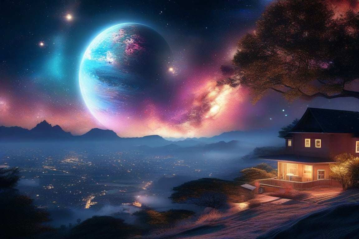 Home on the moon, planet, nebula, colorful light trees, , masterpiece, photorealistic, best quality, intricate, 8k, HDR, cinematic lighting, sharp focus,galaxy,fantacy ultra hd,city bg. (UltraHD) .sharp. Cinematic, cinematic light, cinematic photography, realistic experience. Highly detailed, ultra sharp. ,galaxy bg. ,glitter,LegendDarkFantasy