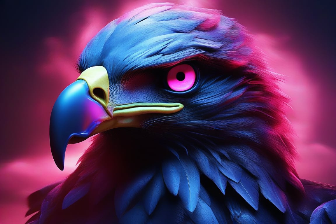 A mystical, ancient eagle with mysterious, futuristic powers and pink eyes