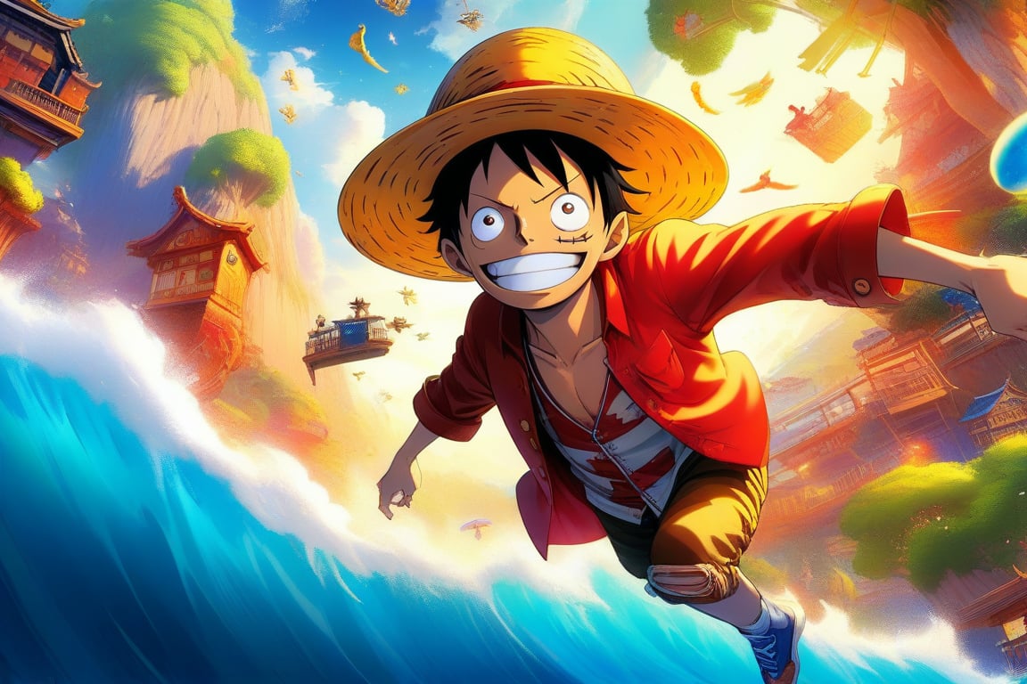 Luffy: A playful, exaggerated Luffy, his rubber powers used for comedic effect, as he bounces around a colorful, fantastical island.