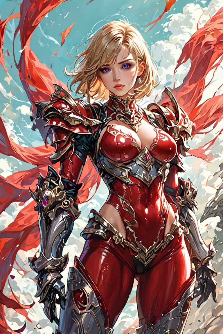 score_9,score_8_up,score_7_up,source_anime,1girl,masterpiece,BREAK,sexy posing,rating_general,,blonde hair, medium hair, purple eyes,ChaHaeInArmor, red bodysuit, transparent, see through, gauntlets, armored boots, high leg body suite