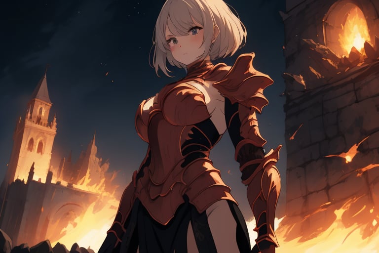 bareshoulders,  anime_style,  score_9,score_8_up,score_7_up, masterpiece, ycorrect_anatomy, pinup girl, cute face,
2bnierdef, dynamic pose
dark style, medieval castle, full view, night, fire burning, blurry foreground,caustics lighting,crucible armor, black armor, golden shoulder parts