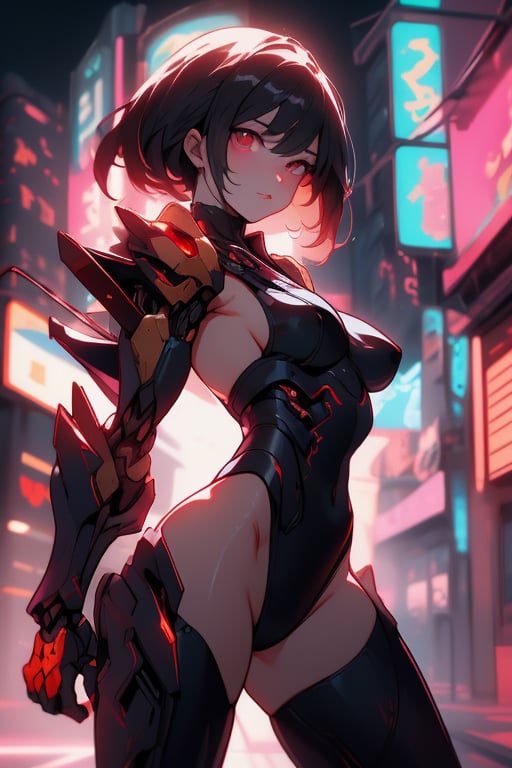 bareshoulders,  anime_style,  score_9,score_8_up,score_7_up, masterpiece, ycorrect_anatomy, pinup girl, cute face,
2bnierdef, 
black mechasuit, shoulder, black upper armor, red acent, golden acent 
full armor,mechanical parts. mechanical left arm
dynamic pose, dark style, cyberpunk, full view, night, neon lights, blurry foreground,neon palette,caustics lighting