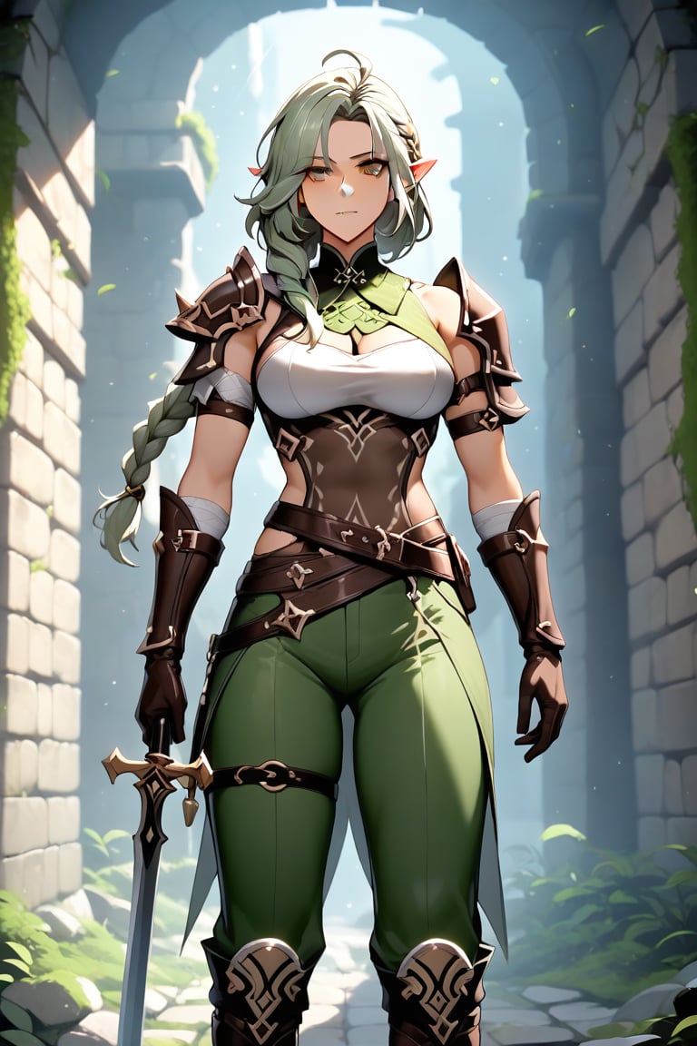 1girls,  anime_style,  score_9,score_8_up,score_7_up,source_anime, in style of sakimiichan and genshin impact,  elf_(species), archer, wearing green pants, brown leather boots, overknee boot, dark body armor, brown leather gloves, {{{{{{{{{{{{{{wind blowing}}}}}}}}}}}}}}, grey hairs, braided bangs, {{{{{{{{empty eyes}}}}}}}, 	{{{{{nervous}}}}}, dynamic pose, skinny, boob_window,dungeon_party