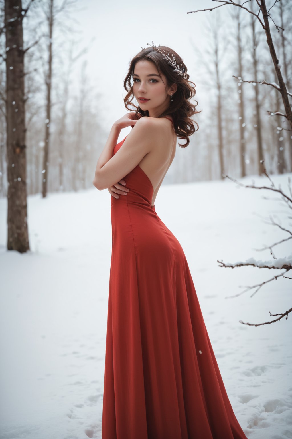 score_9, score_8_up, score_7_up, realistic, a woman under the snow, red dress, long-dress, brown-hair