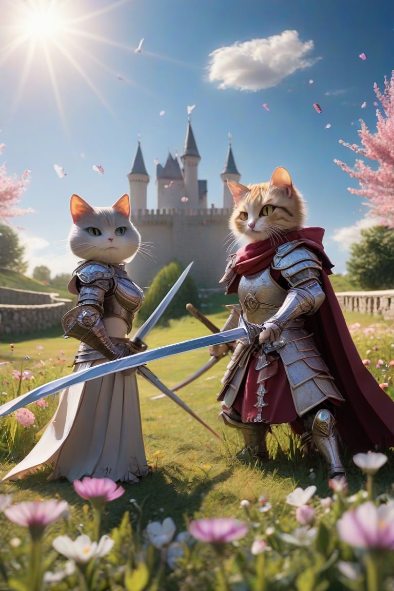 masterpiece, 8k, HDR, best quality, (highly detailed skin), photography, analog style, real life, extremely beautiful, (highly detailed, intricately detailed), (alluring eyes), (2characters), (1mouse and 1cat), standing in human position, (fighting with their swords), wearing armor, a sword, on a sunny day surrounded by grass and flowers, castle
