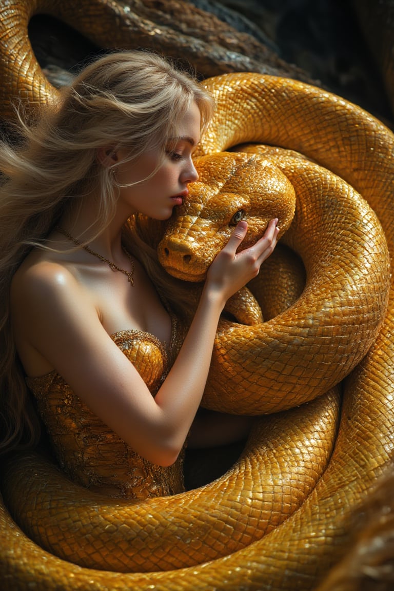 masterpiece, 8k, HDR, best quality, photography, analog style, real life, extremely beautiful, (highly detailed, intricately detailed), A beautiful queen with long flowing blonde hair, dressed in a yellow and gold gown, lovingly stroking the head of a giant majestic yellow snake adorned with shiny, iridescent scales, the two gently nuzzling and pressing against each other, the snake coiling protectively around her, her massive body, a deep bond of trust and love evident between them, the snake humbly receiving her tender gesture, creating a magical and intimate moment.