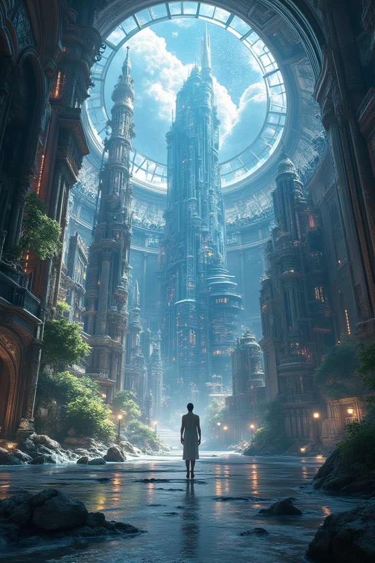 Masterpiece, 8k, hdr, best quality, photography, analog style, real life, extremely beautiful, (highly detailed, intricately detailed), ray tracing, (dramatic lighting), Inside a glass dome, the human being evolved, conquered space, settled on other planets, created new, highly advanced civilizations, crystal cities, very high vertically, joined by roads linking the transparent glass buildings, these buildings generate the energy for life, supply the needs of the city, the dome reflects the light protecting them from the outside, in the clear sky you can see the stars and constellations, spring