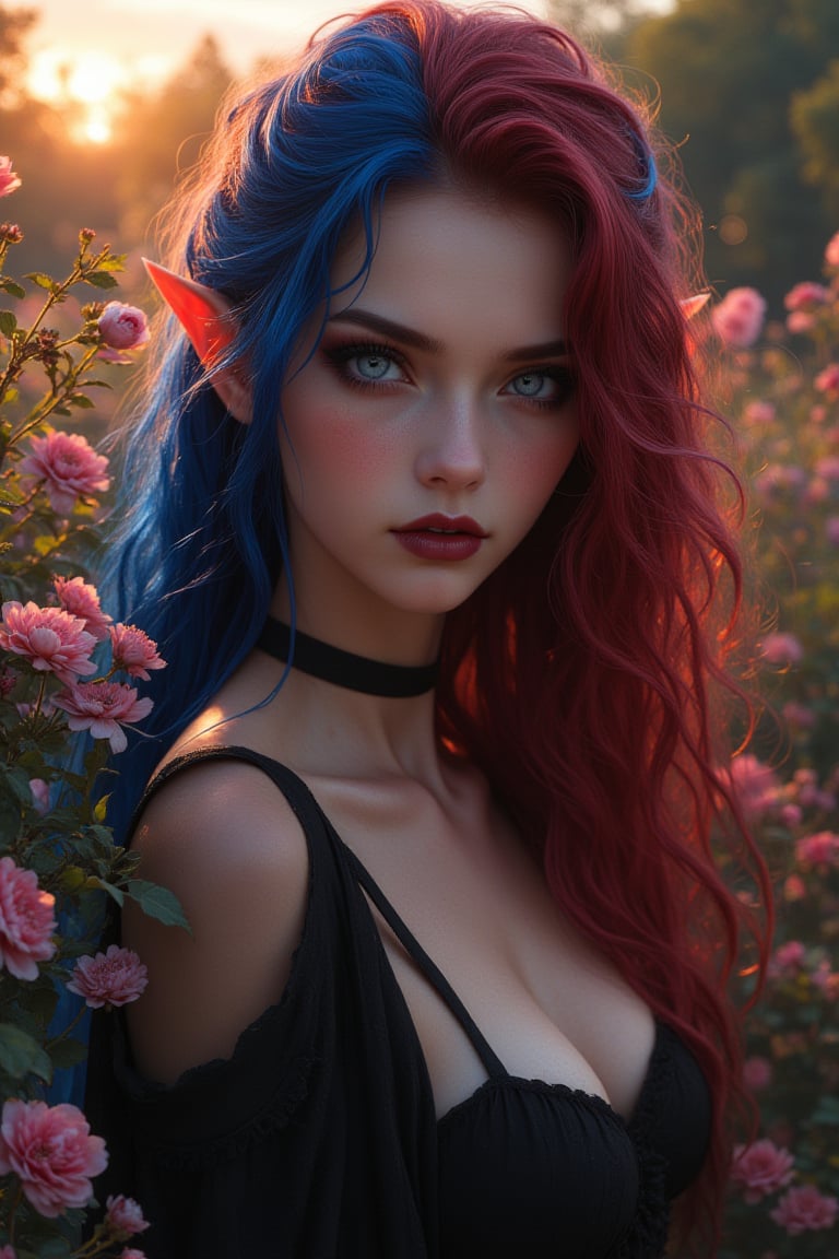 Masterpiece, 8k, hdr, best quality, (highly detailed skin), photography, analog style, real life, extremely beautiful, (highly detailed, intricately detailed), ray tracing, (dramatic lighting), (alluring eyes), (1 woman), pointy ears, a very attractive beautiful woman with long messy curly hair, (half burgundy) and half jewel blue hair, dark smoky eye makeup, dark purple lipstick, slightly parted lips, slightly shiny blue eyes, pale skin, looking at viewer, standing in a garden, surrounded by blooming flowers, soft focus background with bokeh, gentle breeze rustling through the leaves, romantic and dreamy atmosphere, full body, the sunset