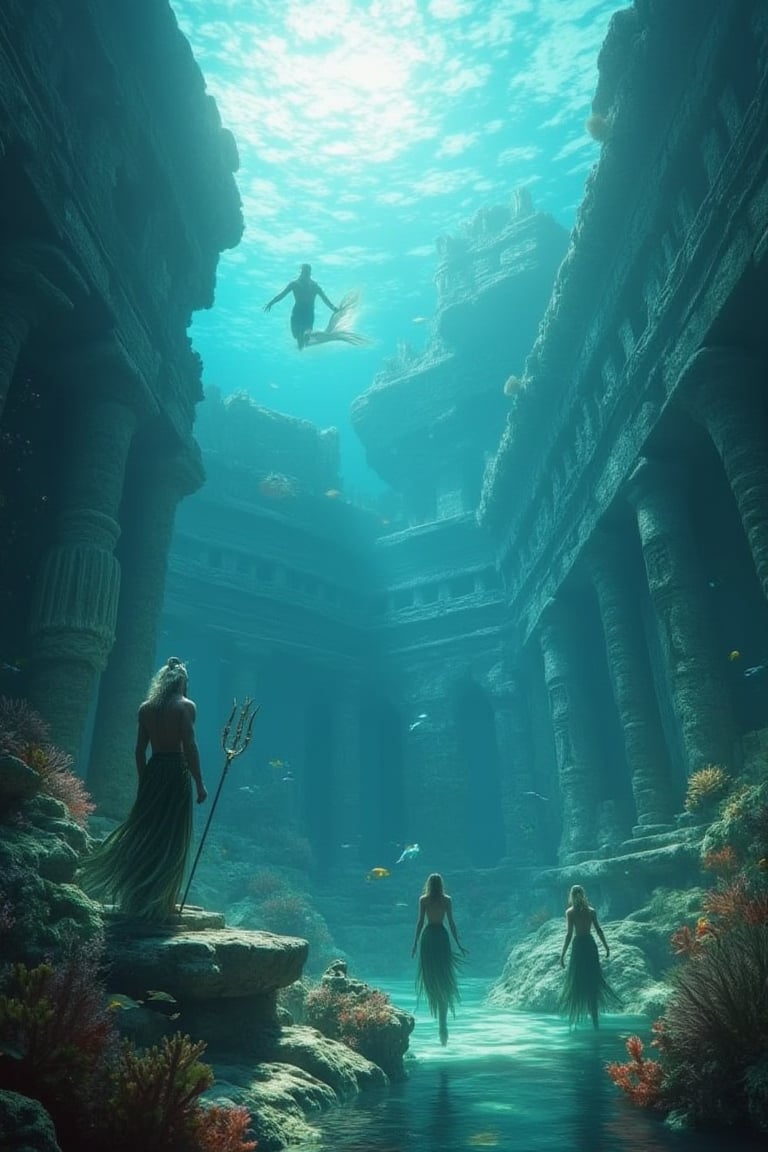 Masterpiece, 8k, HDR, best quality, photography, analogue style, real life, extremely beautiful, (highly detailed, intricately detailed), ray tracing, (dramatic lighting), underwater scene, ancient city of atlantis, (4characters), (1triton), trident, standing, looking at the viewer, (1poseidon) and (1amphitrite) floating, (mermaids) swimming, (portrait), coral structures, stone buildings, colorful fish, atlantis, sea creatures in underwater gardens, soft glow, filtered surface light, atlantis, concentric islands, otherworldly metropolis, pillars, mermaids, lusher vegetation than ancient buildings, leaf sheep, sea slug