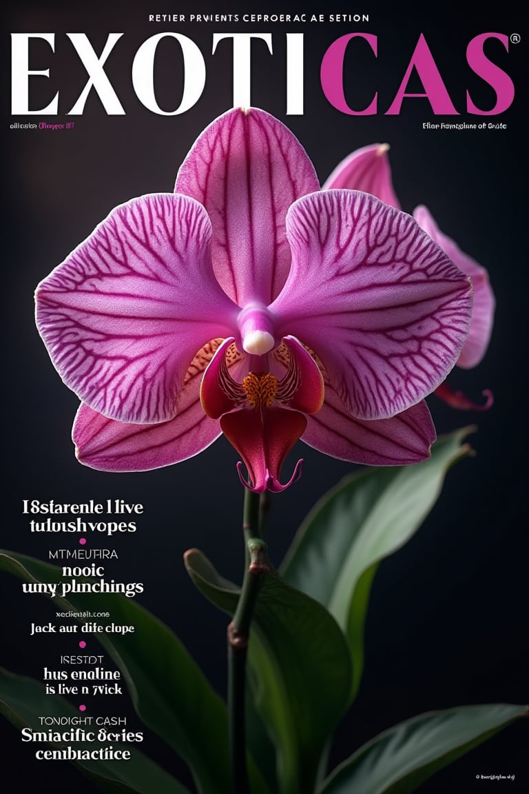 Masterpiece, 8k, HDR, best quality, photography, analogue style, real life, extremely beautiful, (highly detailed, intricately detailed), ray tracing, (dramatic lighting), a plant on the cover of a magazine with the name EXOTICAS , orchid, magazine cover, real cover, cover, orchid, english text, orchid, orchid focus