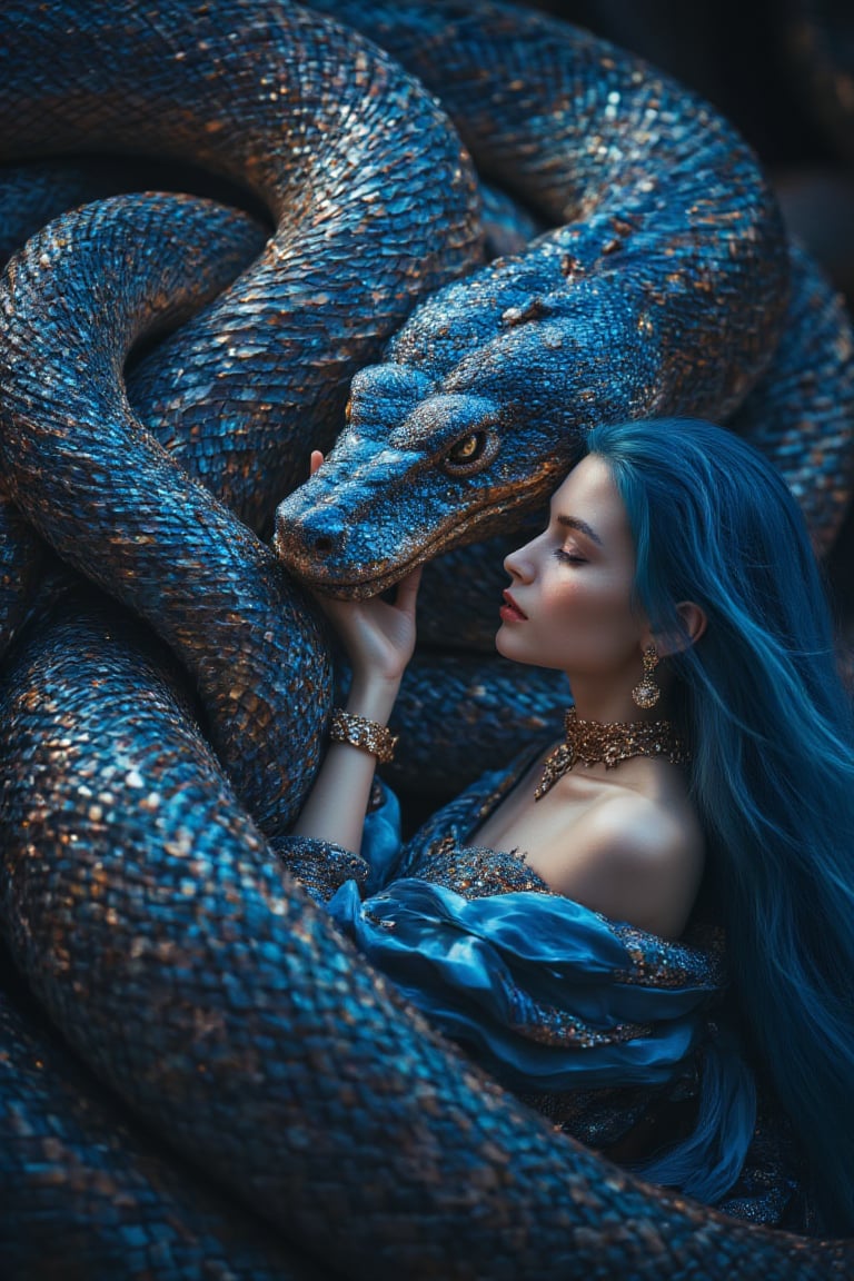 masterpiece, 8k, HDR, best quality, photography, analog style, real life, extremely beautiful, (highly detailed, intricately detailed), A beautiful queen with long flowing blue hair, dressed in a royal blue and gold gown, lovingly stroking the head of a giant majestic blue snake adorned with shiny, iridescent scales, the two gently nuzzling and pressing against each other, the snake coiling protectively around her, her massive body, a deep bond of trust and love evident between them, the snake humbly receiving her tender gesture, creating a magical and intimate moment.