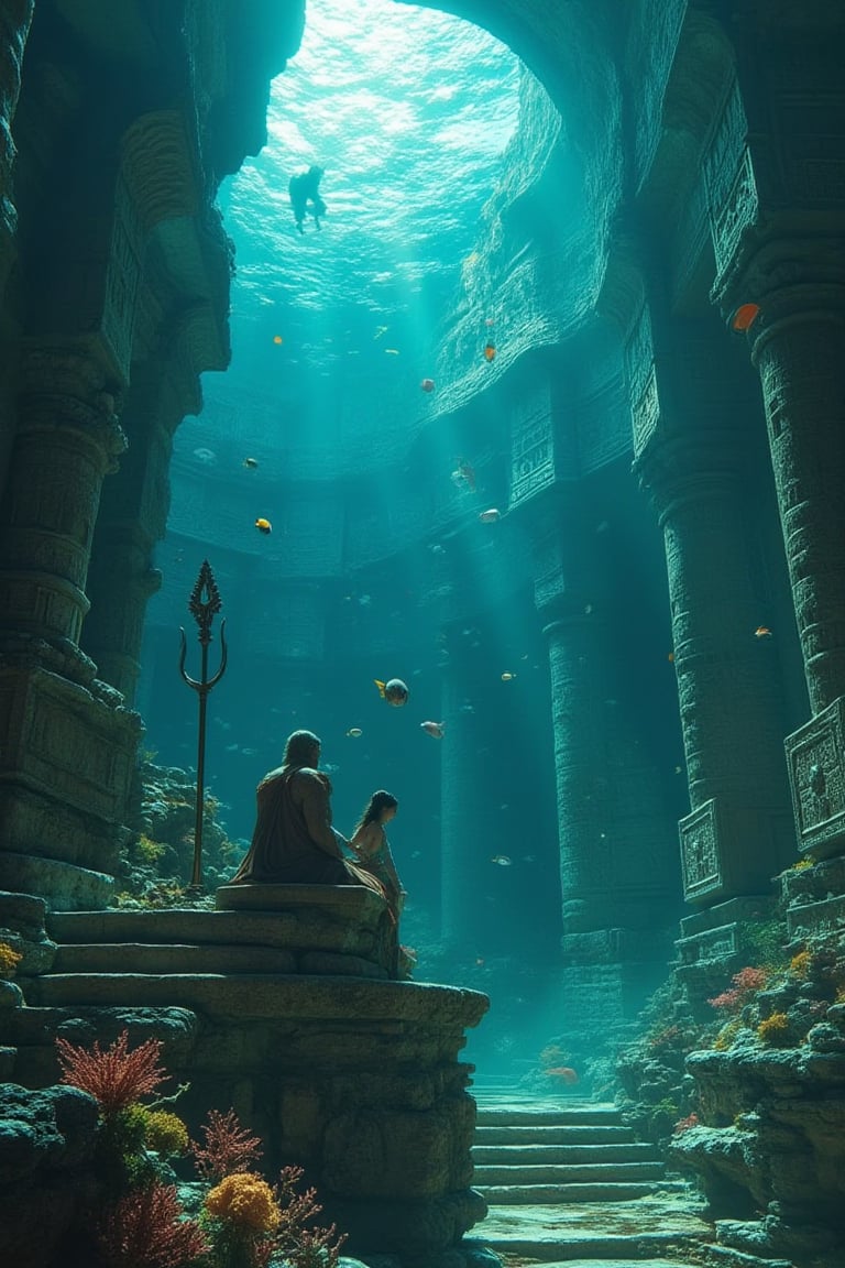 Masterpiece, 8k, HDR, best quality, photography, analogue style, real life, extremely beautiful, (highly detailed, intricately detailed), ray tracing, (dramatic lighting), underwater scene, ancient city of atlantis, (3characters), (1triton), sitting on his throne, trident, (1poseidon) and (1amphitrite) floating, (mermaids) swimming, (portrait), coral structures, stone buildings, colorful fish, atlantis, sea creatures in underwater gardens, soft glow, filtered surface light, atlantis, concentric islands, otherworldly metropolis, pillars, mermaids, lusher vegetation than ancient buildings, leaf sheep, sea slug