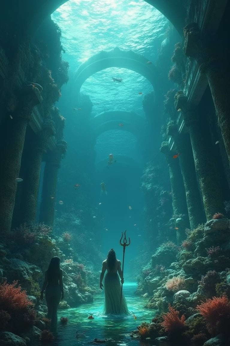 Masterpiece, 8k, HDR, best quality, photography, analogue style, real life, extremely beautiful, (highly detailed, intricately detailed), ray tracing, (dramatic lighting), underwater scene, ancient city of atlantis, (4characters), create an image of (1triton), trident, standing, (1poseidon) and (1amphitrite) floating, (mermaids) swimming, (portrait), coral structures, stone buildings, colorful fish, atlantis, sea creatures in underwater gardens, soft glow, filtered surface light, atlantis, concentric islands, otherworldly metropolis, pillars, mermaids, lusher vegetation than ancient buildings, leaf sheep, sea slug, photorealistic