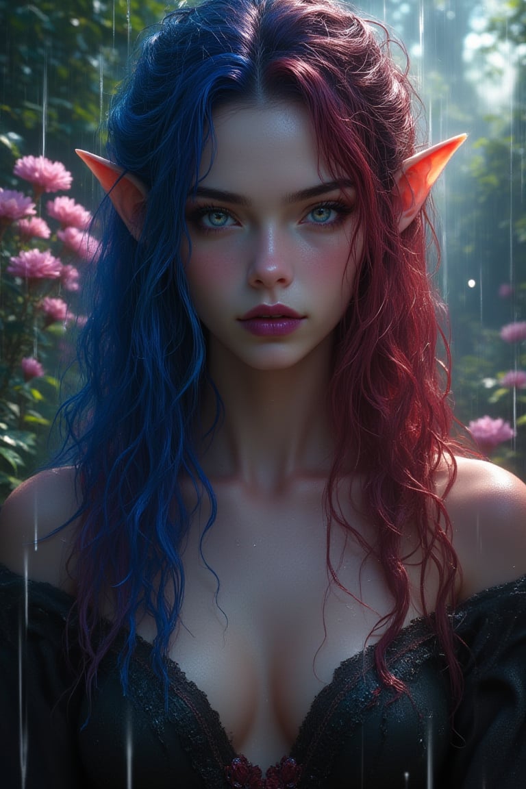 Masterpiece, 8k, hdr, best quality, (highly detailed skin), photography, analog style, real life, extremely beautiful, (highly detailed, intricately detailed), ray tracing, (dramatic lighting), (alluring eyes), (1 female), pointy ears, a very attractive beautiful woman with wet messy long curly hair, (half burgundy) and half jewel blue hair, dark smoky eye makeup, dark purple lipstick, slightly parted lips, slightly shiny blue eyes, pale skin, looking at viewer, standing in a garden, wet from the rain, surrounded by blooming flowers, soft focus background with bokeh, gentle breeze rustling through the leaves, romantic and dreamy atmosphere, full body, storm