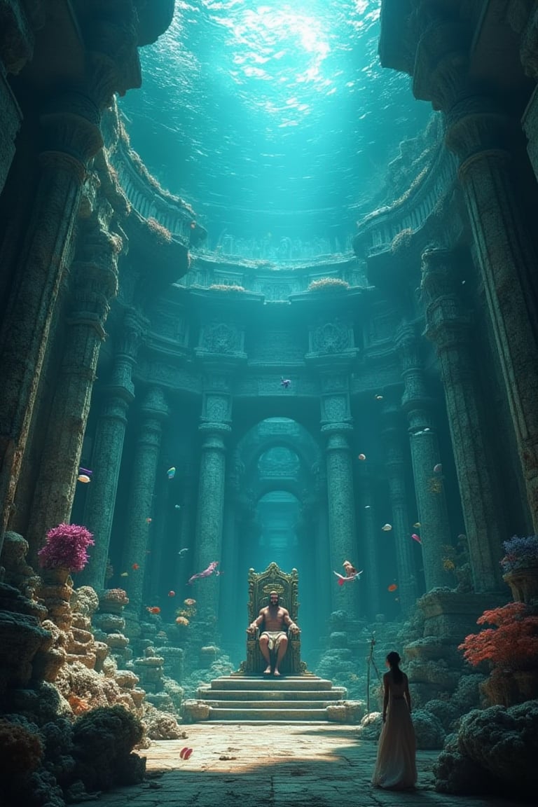 Masterpiece, 8k, HDR, best quality, photography, analogue style, real life, extremely beautiful, (highly detailed, intricately detailed), ray tracing, (dramatic lighting), underwater scene, ancient city of atlantis, (3characters), (1triton), sitting on his throne, trident, (1poseidon) and (1amphitrite) floating, (mermaids) swimming, (portrait), coral structures, stone buildings, colorful fish, atlantis, sea creatures in underwater gardens, soft glow, filtered surface light, atlantis, concentric islands, otherworldly metropolis, pillars, mermaids, lusher vegetation than ancient buildings, leaf sheep, sea slug