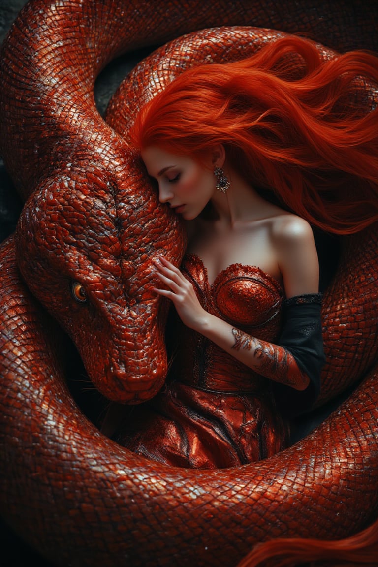 masterpiece, 8k, HDR, best quality, photography, analog style, real life, extremely beautiful, (highly detailed, intricately detailed), A beautiful queen with long flowing red hair, dressed in a royal roo and gold gown, lovingly stroking the head of a giant majestic red snake adorned with shiny, iridescent scales, the two gently nuzzling and pressing against each other, the snake coiling protectively around her, her massive body, a deep bond of trust and love evident between them, the snake humbly receiving her tender gesture, creating a magical and intimate moment.