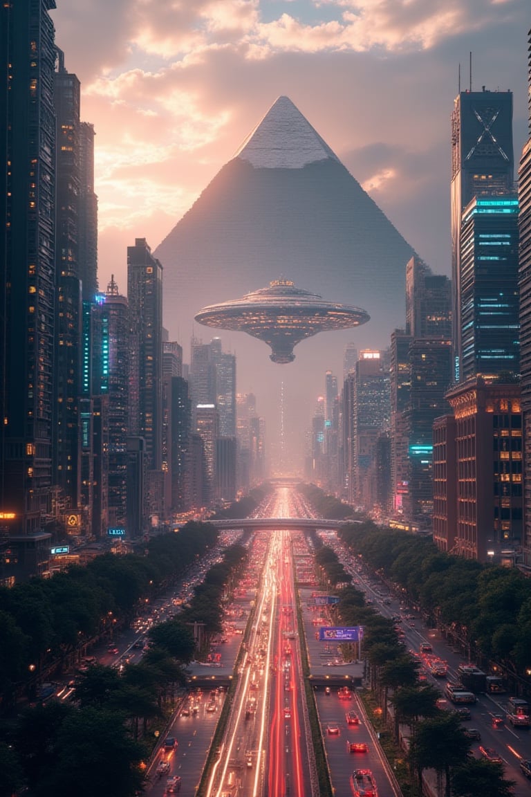 Masterpiece, 8k, HDR, best quality, photography, analogue style, real life, extremely beautiful, (highly detailed, intricately detailed), ray tracing, (dramatic lighting), (late afternoon cityscape), (large starship at the horizon), (restored cheops pyramid tall as the sky in the background), (multi layered modern roads), illuminated buildings, (blue neon light beams), (huge tropical mountains:1.15), metropolis style, (dynamic composition), wide shot, metropolis, utopian society, (masterpiece, incredible detail, ultra high detail:1.1), hyperdetailed, (modern era photograph), (soft natural volumetric cinematic light), (photorealism), (idealized American city), plaza, modern era photograph, skyscraper, city, parks, monumental architecture, utopian society