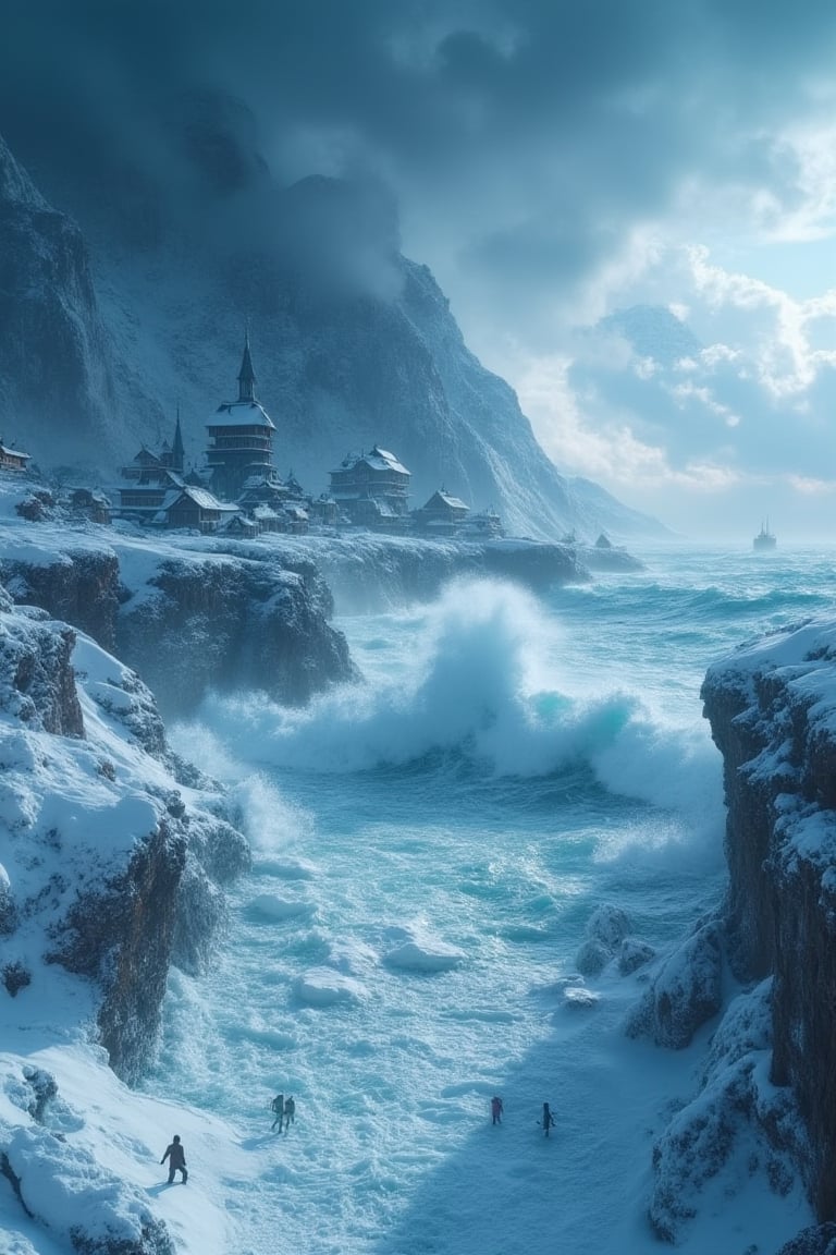 Masterpiece, 8k, hdr, best quality, photography, analog style, real life, extremely beautiful, (highly detailed, intricately detailed), ray tracing, (dramatic lighting), cinematic photography, a frozen tundra with a grim snowstorm hits a settlement and the ocean, high waves crash against the shore, people trying to escape the sea, 34K uhd, intricate, detailed, extremely high resolution details, fine texture
