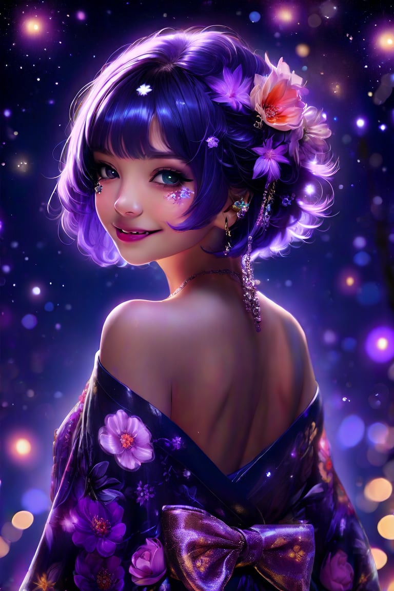 masterpiece, 8k, HDR, best quality, (highly detailed skin), photography, analog style, real life, extremely beautiful, (highly detailed, intricately detailed), (alluring eyes), hskdmnd, crystal hair, colored eyelashes, multicolored hair, short hair, kimono, floral print, hair flower, sash, off shoulder, back, shoulder blades, from behind, looking back, smile, ethereal lighting, purple, nighttime, darkness, surreal art, fantasy, glowing, night, (dark environment), back tattoo, abstract, abstract background, cosmos \(flower\), cosmos,