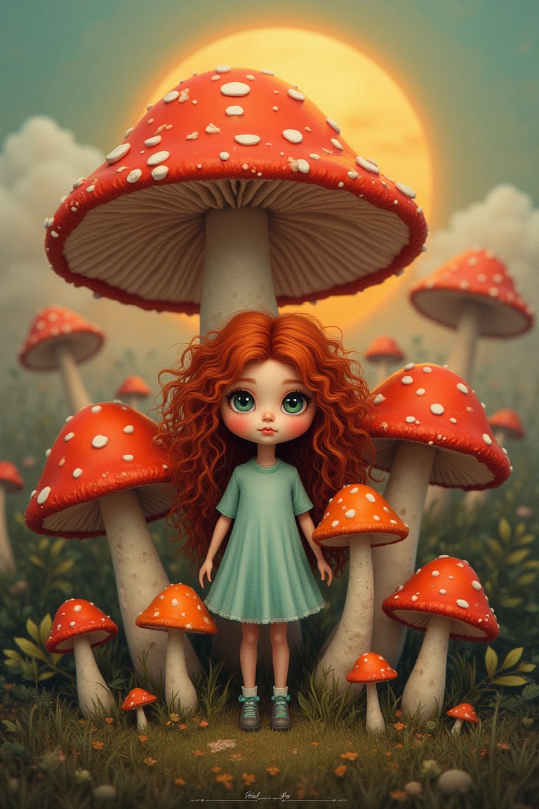 (masterpiece), (ultra-detailed photo), witty and dreamy masterpiece, realistic, "Army of Mushrooms" is an adorable moving mushroom army, (1 girl), small waist, (long curly autumn red hair), green eyes, it's like there's a mushroom rebellion right there on the canvas, "727" is a time capsule of art and pop culture. It's like stepping back into the 90s and discovering a treasure chest full of visual wonders, it's like finding your childhood memories wrapped up in a giant canvas. Get ready for a nostalgic walk down memory lane, landscape, real-world location, sun sunrise