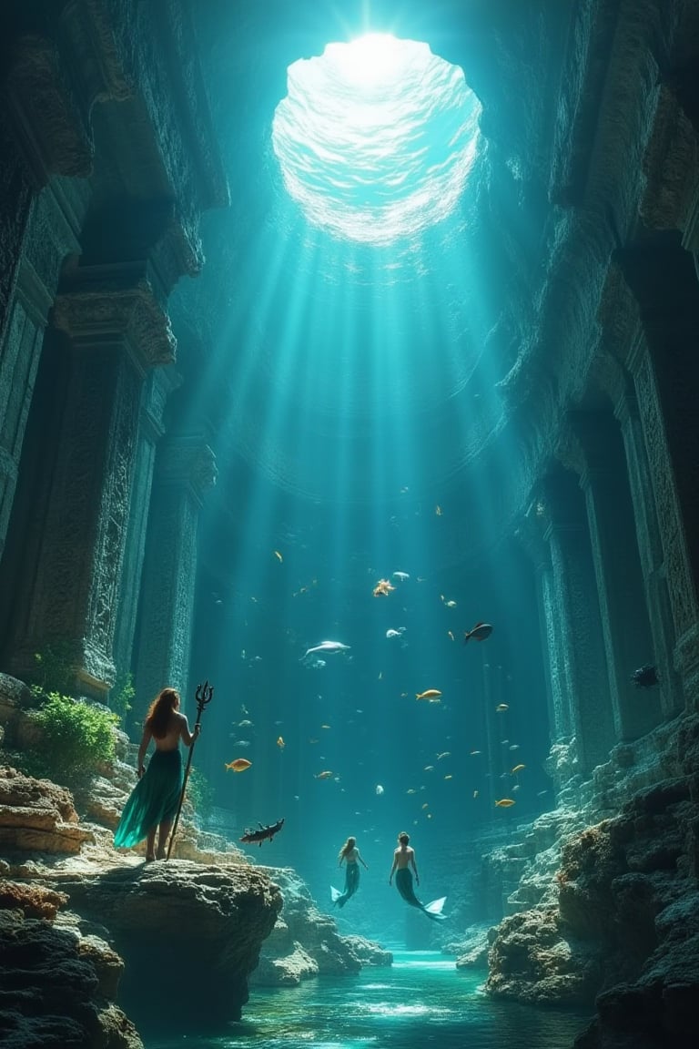 Masterpiece, 8k, HDR, best quality, photography, analogue style, real life, extremely beautiful, (highly detailed, intricately detailed), ray tracing, (dramatic lighting), underwater scene, ancient city of atlantis, (4characters), create an image of (1triton), trident, standing, (1poseidon) and (1amphitrite) floating, (mermaids) swimming, (portrait), coral structures, stone buildings, colorful fish, atlantis, sea creatures in underwater gardens, soft glow, filtered surface light, atlantis, concentric islands, otherworldly metropolis, pillars, mermaids, lusher vegetation than ancient buildings, leaf sheep, sea slug, photorealistic