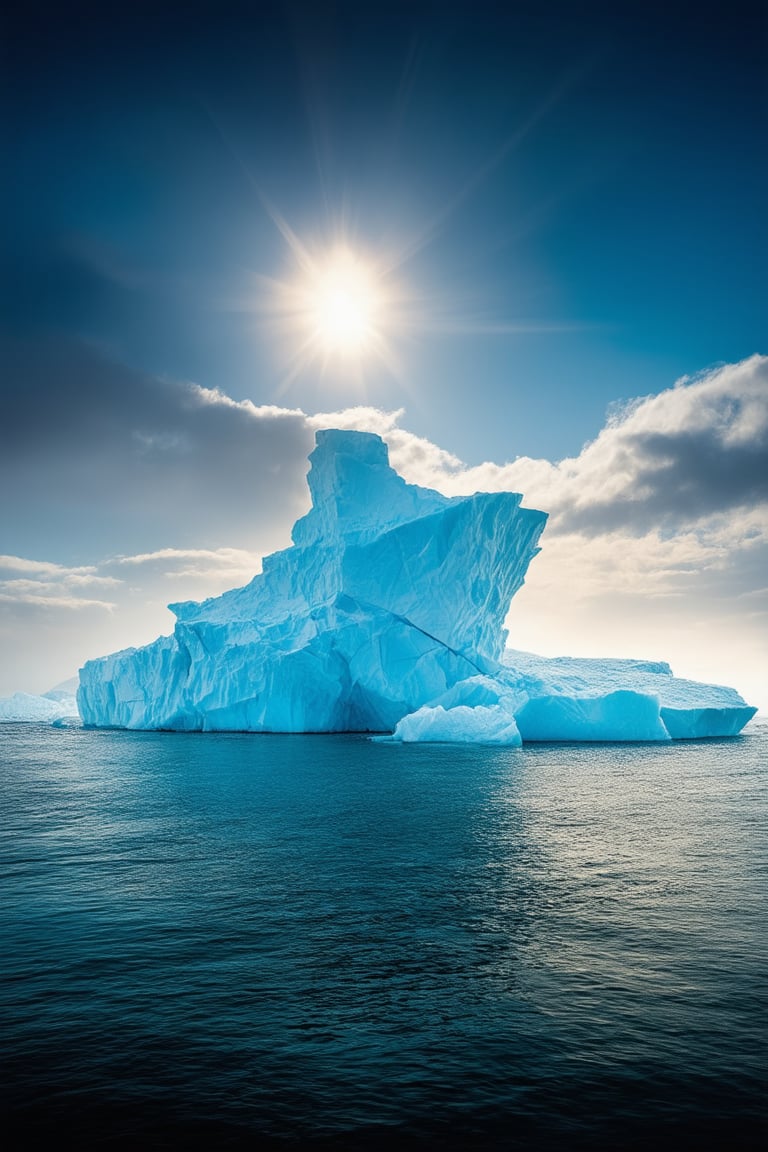 A majestic iceberg rises from the mystical mist-shrouded sea, its crystalline surface glistening like a thousand tiny diamonds. The framing of the shot captures the iceberg's ethereal beauty against a backdrop of swirling clouds and deep blue sky. Soft, golden lighting illuminates the scene, as if the sun has kissed the iceberg with its warm rays. In the foreground, delicate waves lap gently at the shore, creating a soothing melody that harmonizes with the iceberg's serene presence. The composition is balanced by the perfect placement of the misty veil and the iceberg's majestic form.