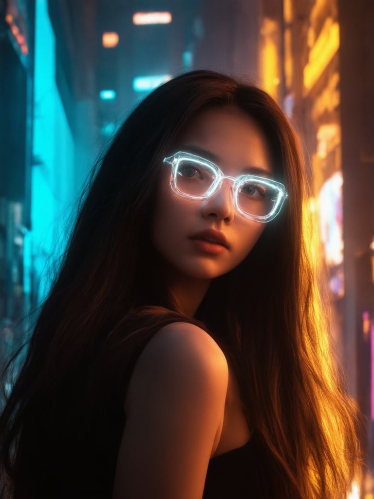 In a neon-lit cyberpunk cityscape, a stunning girl stands amidst the futuristic architecture. She wears clear, neon-framed glasses that glow with an otherworldly intensity, her eyes sparkling like diamonds. The golden ratio guides the composition as she poses confidently, surrounded by intricate, decadent details. In 32K UHD, her face is rendered in exquisite detail, with smooth skin and sharp focus on every feature. Her long hair flows behind her like a river of night, illuminated by light leaks and subsurface scattering. The rim light casts a warm glow, accentuating the vibrant complementary colors of the cityscape's deep background.