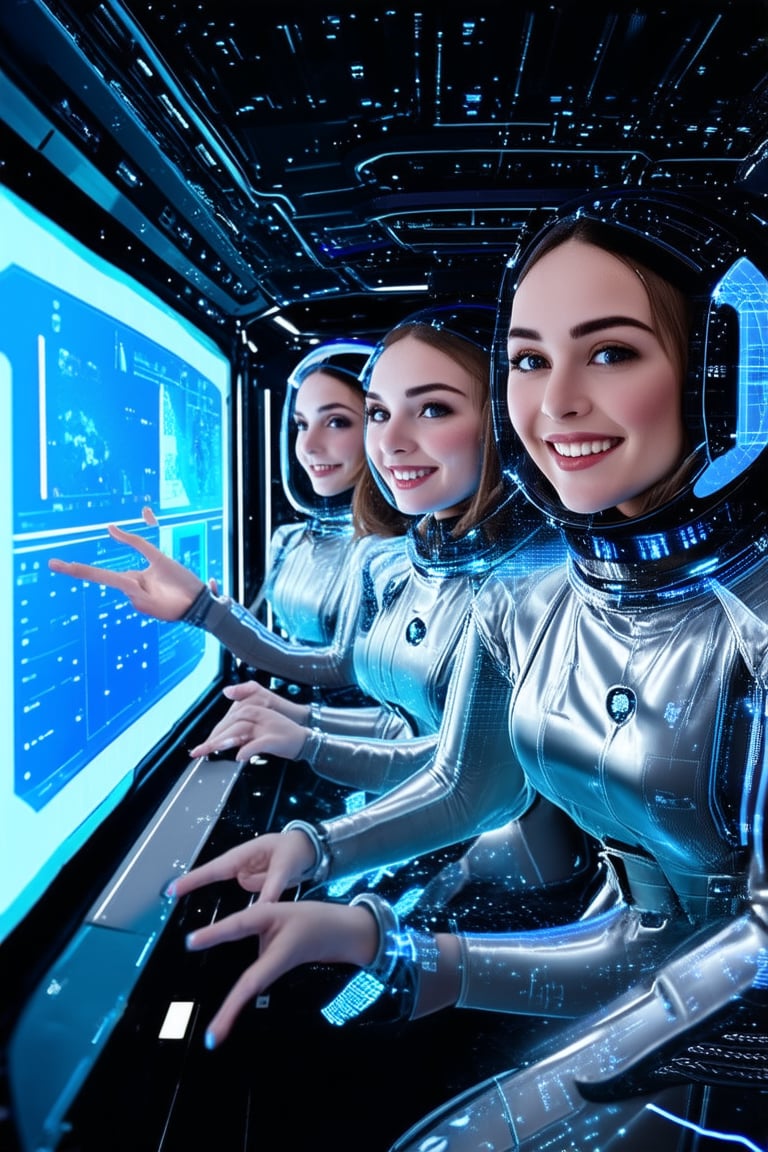 Close-up shot of a group of space girls in a futuristic spaceship control room. The camera captures their radiant smiles as they wear sleek silver jumpsuits adorned with glowing blue accents. Soft, diffused lighting highlights the intricate details on their helmets and machinery surrounding them. Composition emphasizes their confident poses, hands grasping controls or gesturing towards holographic screens.