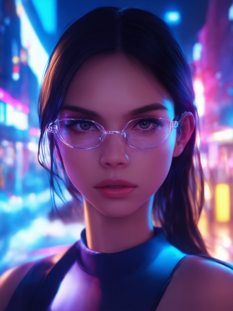 In a neon-lit cityscape, a cyberpunk girl with clear glasses and intricate details gazes directly into the frame. Golden ratio proportions harmonize her features as she stands amidst a backdrop of vibrant colors and subtle light leaks. Her face is rendered in 32k UHD, with detailed eyes and a sharp focus that draws the viewer's attention. The atmosphere is warm and inviting, with a rim light casting a gentle glow on her features. In the background, a cityscape unfolds, bathed in a soft, subsurface scattering illumination that adds depth to the scene.