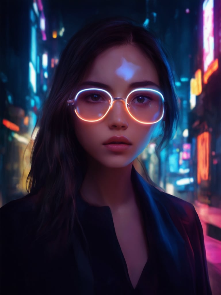 In a cyberpunk cityscape's neon-lit underbelly, a stunning girl dons clear neon glasses, her features radiant amidst the dark. Golden ratio principles govern the composition as she stands confidently, surrounded by intricate, decadent details. Shot in 32k UHD, this digital painting masterpiece boasts smooth, sharp focus and beautiful lighting, complete with light leaks, subsurface scattering, and rim light. Her detailed eyes and face shine like a work of art, set against a deep, vibrant background that pops with complementary colors.