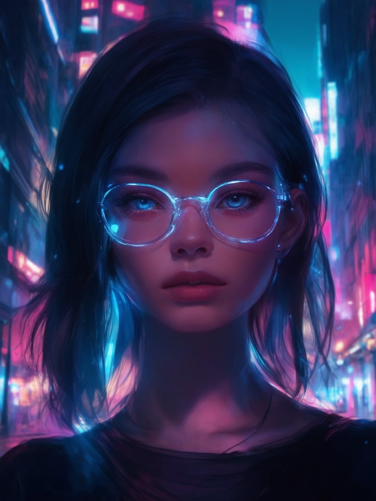 In a neon-drenched cyberpunk cityscape, a captivating girl dons clear glasses that seem to glow with an otherworldly intensity. Framed by the golden ratio's harmonious balance, she poses confidently, her intricate features illuminated by smooth, sharp focus. The decadent digital painting bursts with vibrant colors, set against a deep, mysterious background. Lighting and shading evoke a sense of depth, with rim light accentuating her face, subsurface scattering adding warmth, and subtle light leaks creating a mesmerizing atmosphere. Her detailed eyes sparkle like diamonds, inviting the viewer to step into this UHD masterpiece.