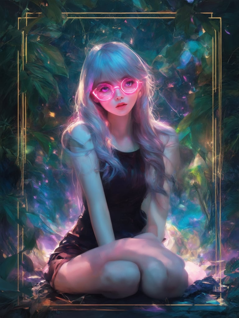 A cyberpunk beauty donning clear neon glasses, surrounded by a dreamlike atmosphere. Framed within a golden ratio composition, she sits poised amidst a lush, intricately detailed backdrop. UHD resolution brings forth her striking features: sharp, smooth focus on her face and eyes, with subtle light leaks and subsurface scattering casting a warm glow. Vibrant complementary colors dance in the deep background, elevating this digital painting to a masterpiece. Art by Loish, Wlop, or Artgerm, this concept art is a true work of art, exuding heartwarming charm and uplifting elegance.