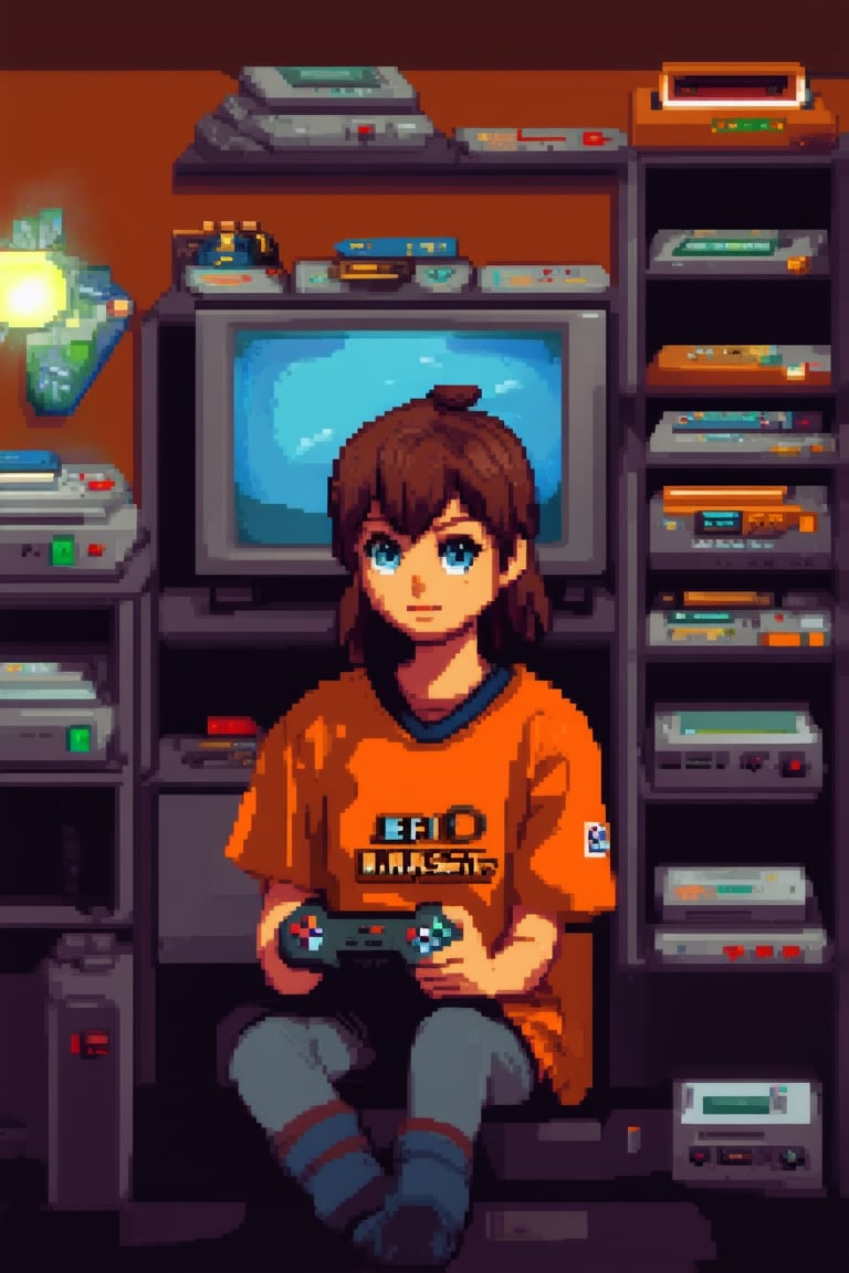 A young gamer, 'EpicQuestMaster', sits in a cozy dimly lit gaming den surrounded by retro consoles and stacks of worn-out game manuals. She's dressed in a vibrant orange gaming jersey and clutching her trusty controller, her eyes fixed intently on the TV screen as she navigates through a pixelated fantasy realm.