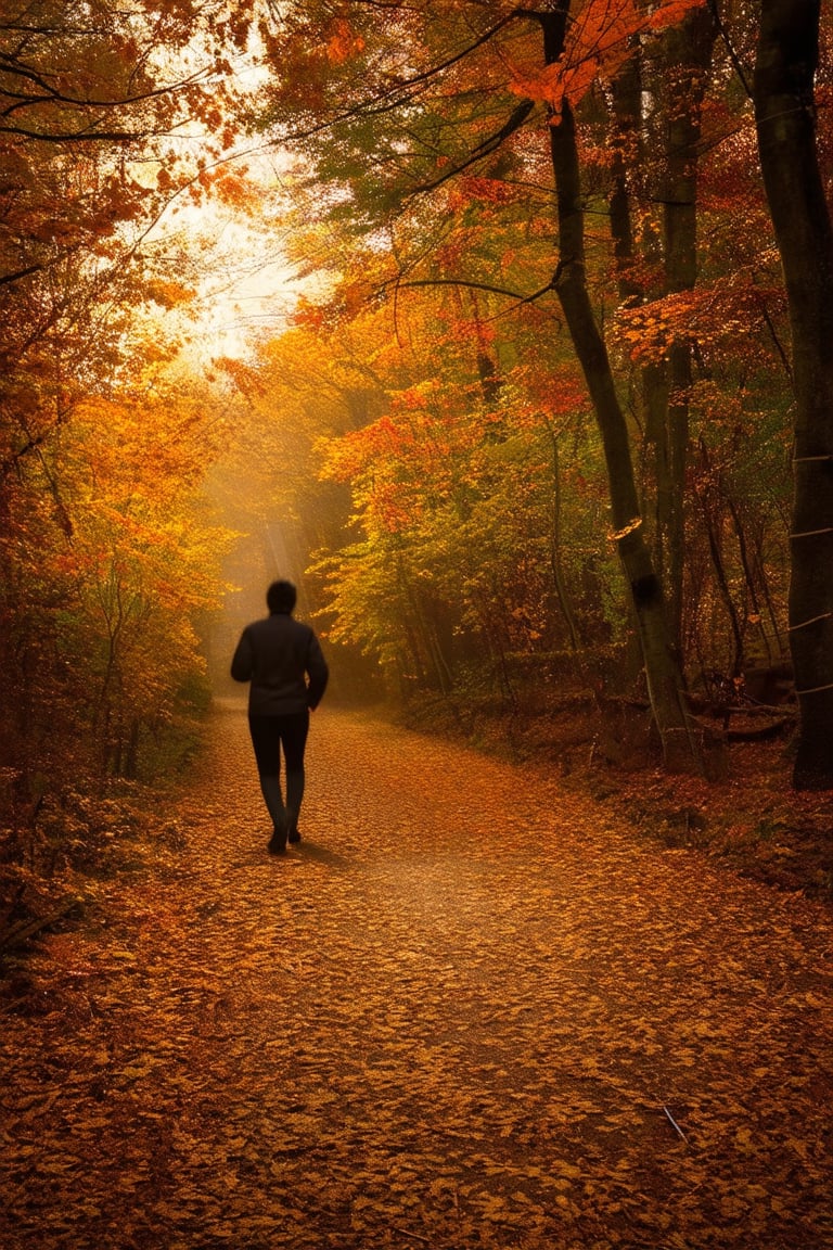 A warm golden light filters through the rustling leaves as a lone figure walks along the forest path, surrounded by vibrant hues of orange and yellow. The air is crisp with the scent of decaying foliage, and the soft earthy smell of fallen leaves. Autumn's essence permeates the atmosphere.