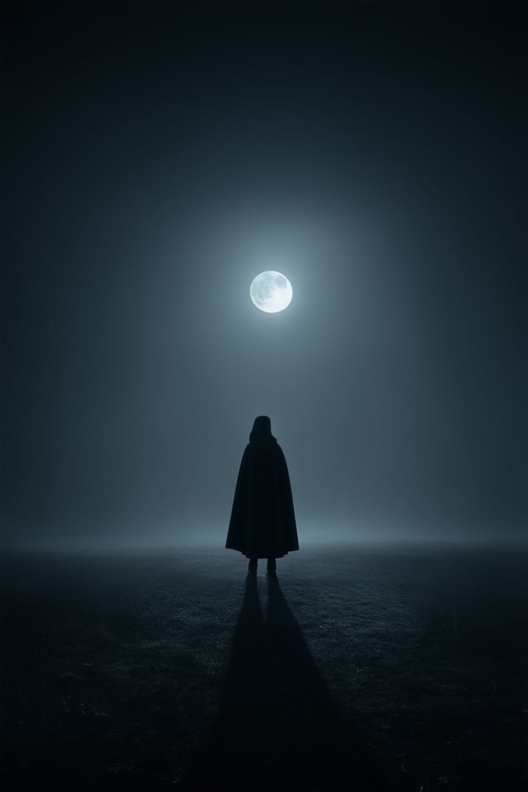 A mysterious dark landscape at dusk, with a hint of moonlight casting an eerie glow on the ground. A lone figure stands in the shadows, their beauty illuminated by the faint light, as they gaze out into the void, their features shrouded in secrecy. The darkness wraps around them like a velvet cloak, hiding all except for their radiant smile.