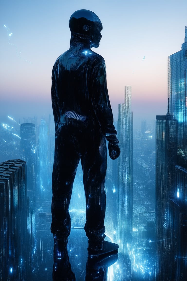 A futuristic cityscape at dusk, with neon lights reflecting off a misty atmosphere, as a lone figure in a sleek black jumpsuit stands atop a skyscraper's edge, holographic technology swirling around them like a shimmering aura. The subject gazes out into the distance, hands grasping a Holo Dyss device that pulsates with energy.