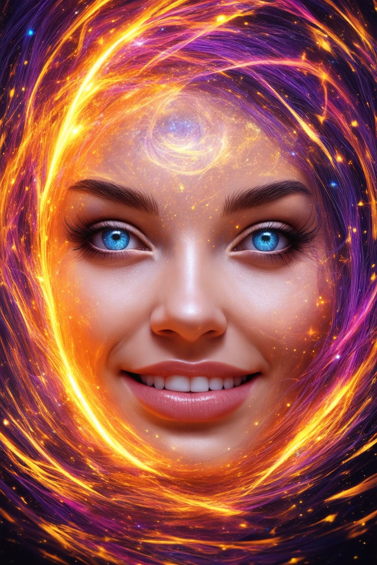 A vibrant 3D rendering of a youthful face, with bright blue eyes sparkling like celestial bodies against a kaleidoscope of colorful hues. Swirling patterns of orange, yellow, and pink dance across the cheeks, while wispy strands of purple hair frame the expressive features. A radiant smile stretches across the lips, illuminated by a warm golden light that casts a subtle glow on the surrounding environment.