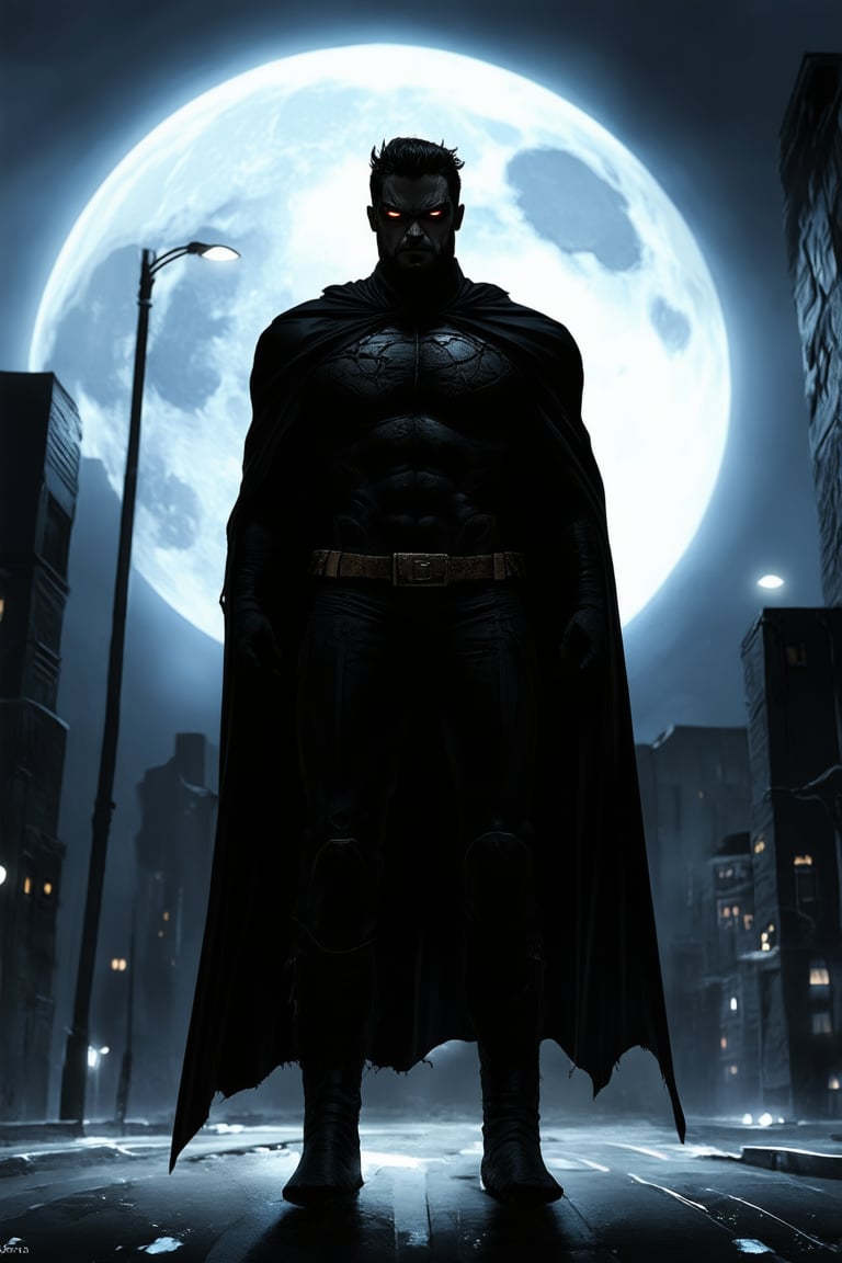 A dark hero stands silhouetted against a moonlit cityscape, his rugged features illuminated by the faint glow of streetlights. His suit is tattered and worn, with a cape flowing behind him like a dark cloud. He gazes out into the distance, his eyes burning with determination.