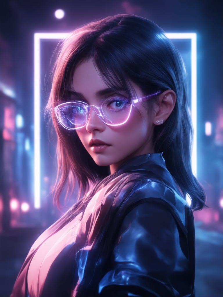 In a dystopian cityscape, a cyberpunk girl with clear neon glasses shines like a beacon of hope. Framed by the golden ratio, her intricate details are a testament to the decadent world around her. The 32K UHD rendering is a masterpiece, with smooth, sharp focus and detailed eyes that seem to sparkle in the light. ArtStation-worthy concept art from Loish or Wlop comes to life as she poses against a deep, vibrant background, illuminated by rim light and subsurface scattering. Light leaks add a touch of whimsy to this charming, uplifting scene.