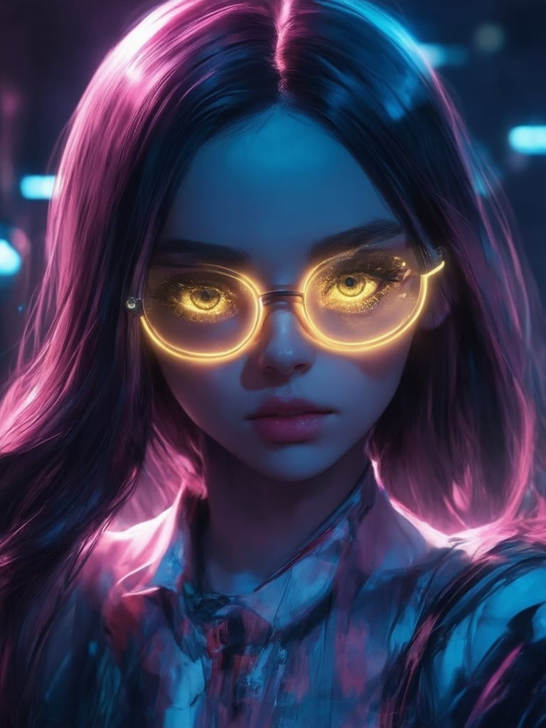 Similar graph, a cyberpunk girl, Wear clear neon glasses, cyberpunk., golden ratio details, 32k uhd, fantasy, cyberpunk, intricate, decadent, highly detailed, digital painting, ever after high, octane render, artstation, concept art, smooth, sharp focus, illustration, art by artgerm, loish, wlop. (heartwarming, uplifting, charming), (UHD, masterpiece, detailed eyes, detailed face, highest quality), (light leaks, subsurface scattering, rim light, beautiful lighting and shading, deep background, vibrant complementary colors, sharp focus)