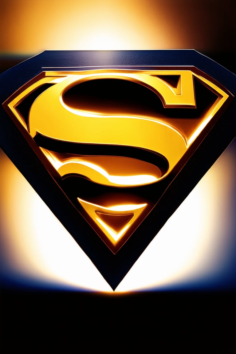 A dramatic close-up shot of the iconic Superman logo from the DC Comics universe, illuminated by a warm golden light emanating from within the symbol itself. The logo sits atop a dark blue background, with a subtle gradient effect suggesting depth and dimensionality.