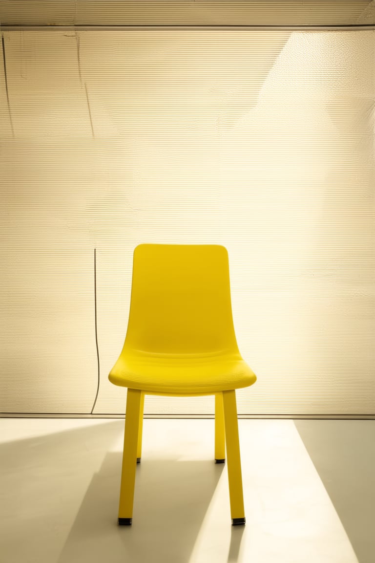 A vibrant yellow hue dominates the scene as a bright sunbeam illuminates a minimalist studio setup. A sleek, modern chair stands centered on a blank white floor, its legs and seat radiating a warm, optimistic tone. The surrounding walls and ceiling blend seamlessly into a soft, creamy backdrop, allowing the pop of color to take center stage.