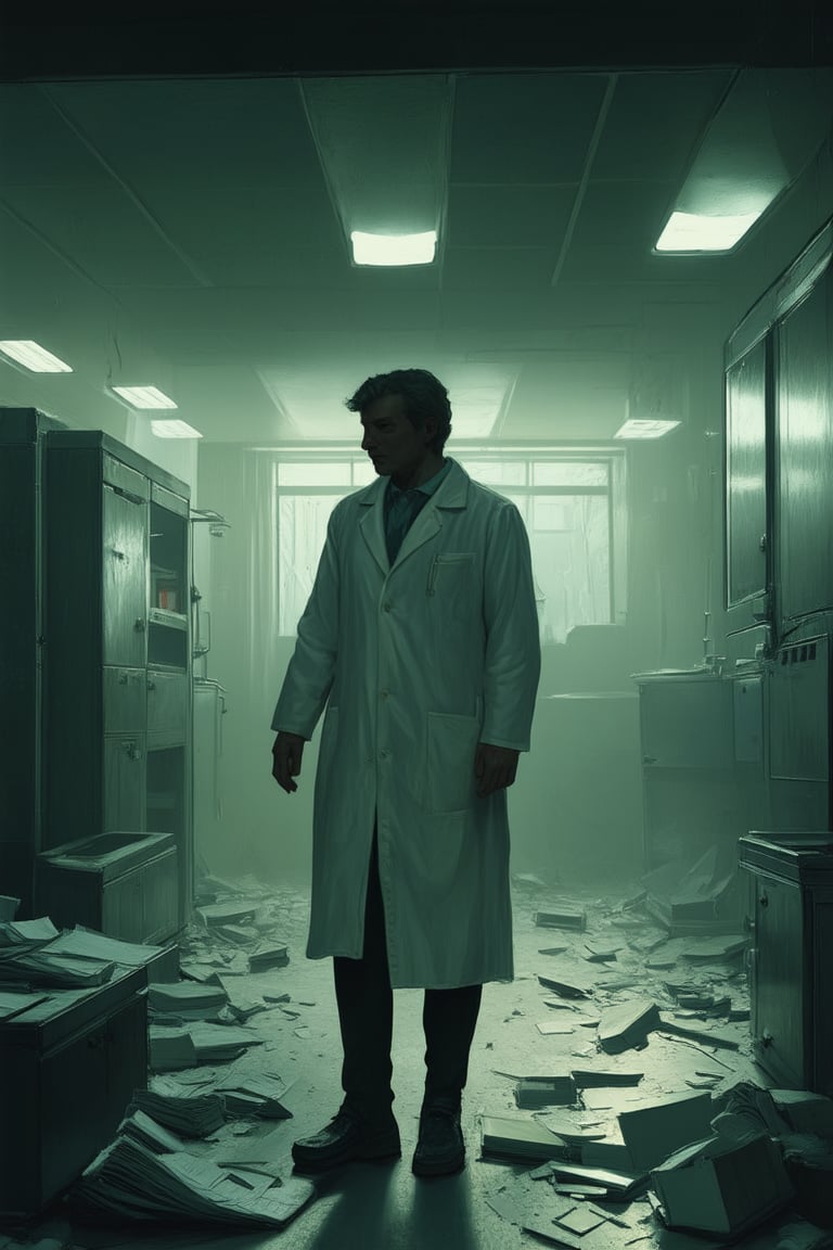 A dimly lit, abandoned laboratory at dusk, with shadows cast by flickering fluorescent lights. A lone figure, dressed in a crumpled white lab coat, stands motionless amidst the chaos of broken equipment and scattered files. The atmosphere is heavy with the weight of forgotten experiments.