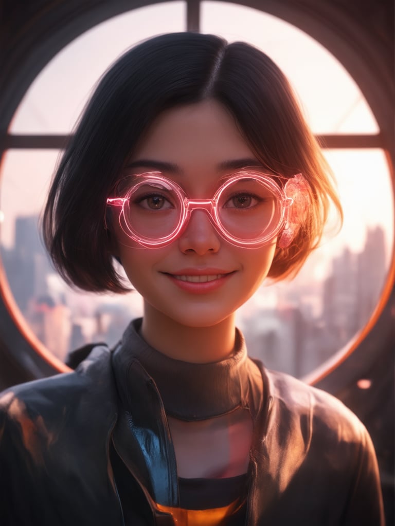 A futuristic cyberpunk girl wears clear neon glasses against a vibrant backdrop of intricate details, framed within the golden ratio. Her features are highly detailed, with sharp focus on her mesmerizing eyes. Soft, warm lighting leaks through the cityscape, accentuating her charming smile. Subsurface scattering and rim light create a sense of depth, while loish-inspired brushstrokes bring a touch of whimsy to this digital masterpiece. (ArtStation, Concept Art, Octane Render)