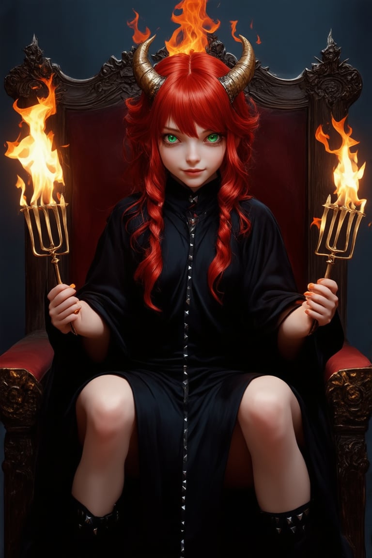 A young girl with piercing green eyes and fiery red hair sits on a darkened throne, her horns gleaming in the flickering torchlight. She's dressed in a flowing black robe, adorned with tiny silver studs that resemble miniature pitchforks. Her hands rest on the arms of the throne, fingers curled into claw-like talons as she gazes out at the viewer with an mischievous grin.