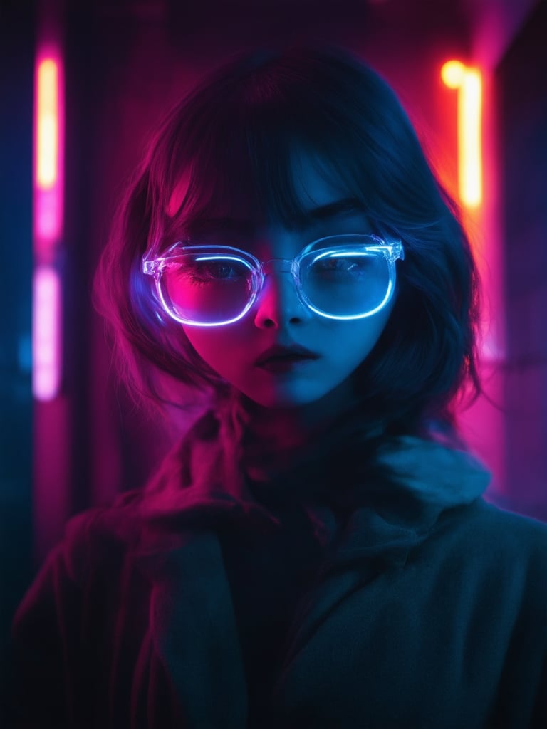 In a neon-drenched cyberpunk alleyway, a captivating girl stands out amidst the darkness. She dons clear glasses with mesmerizing neon accents, her features illuminated by subtle light leaks and subsurface scattering. Rim lights accentuate her intricate facial details, showcasing delicate features within the golden ratio. In ultra-high definition (32k UHD), her eyes sparkle with charm, surrounded by vibrant complementary colors. The background glows with a deep, mysterious hue, while her pose exudes confidence and allure, as if she's about to step into a world of wonder.