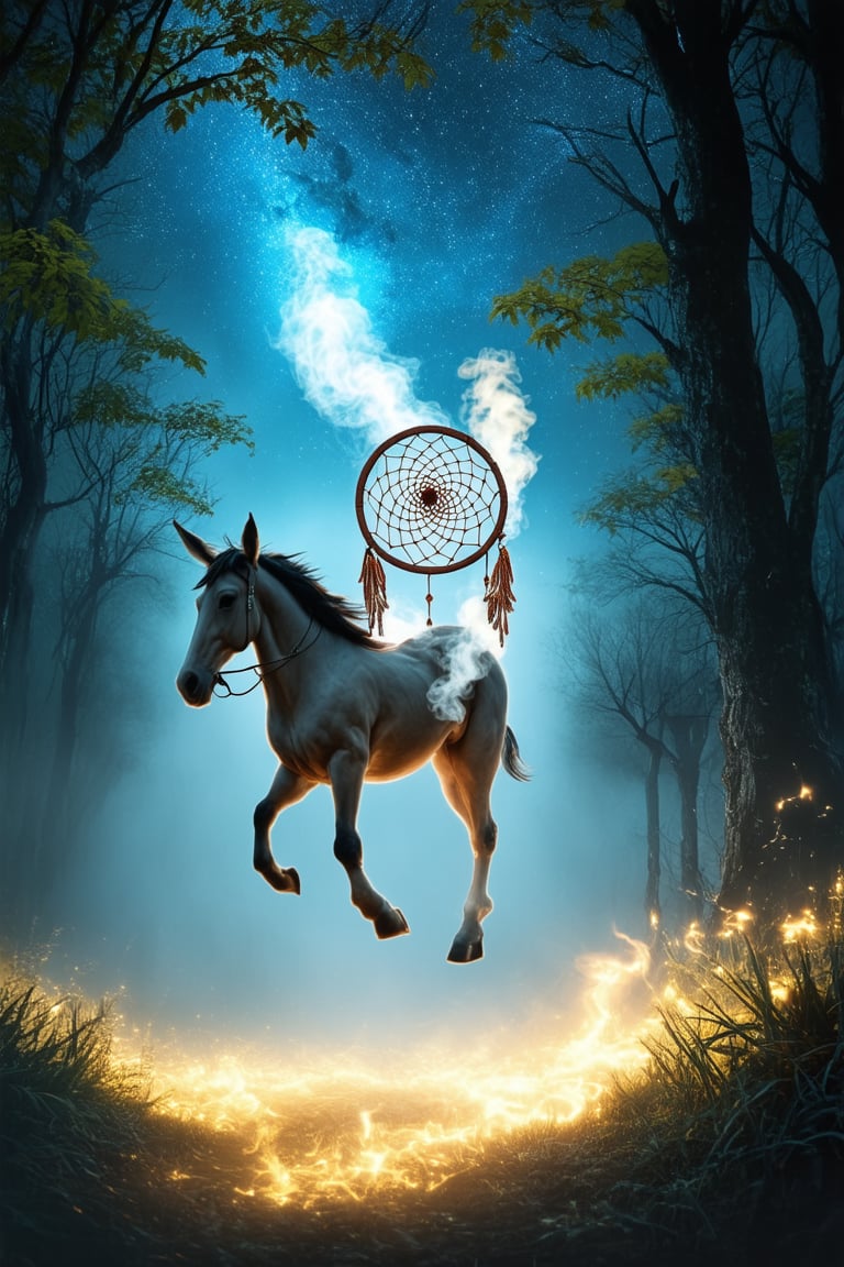 A surreal dreamscape unfolds: A centaur's dreamcatcher floats above a misty forest, where towering trees with glowing leaves stretch towards a starry night sky. The centaur's equine body blends into the shadows as it gazes up at the dreamcatcher, its hands holding a delicate, swirling vortex of smoke and light.